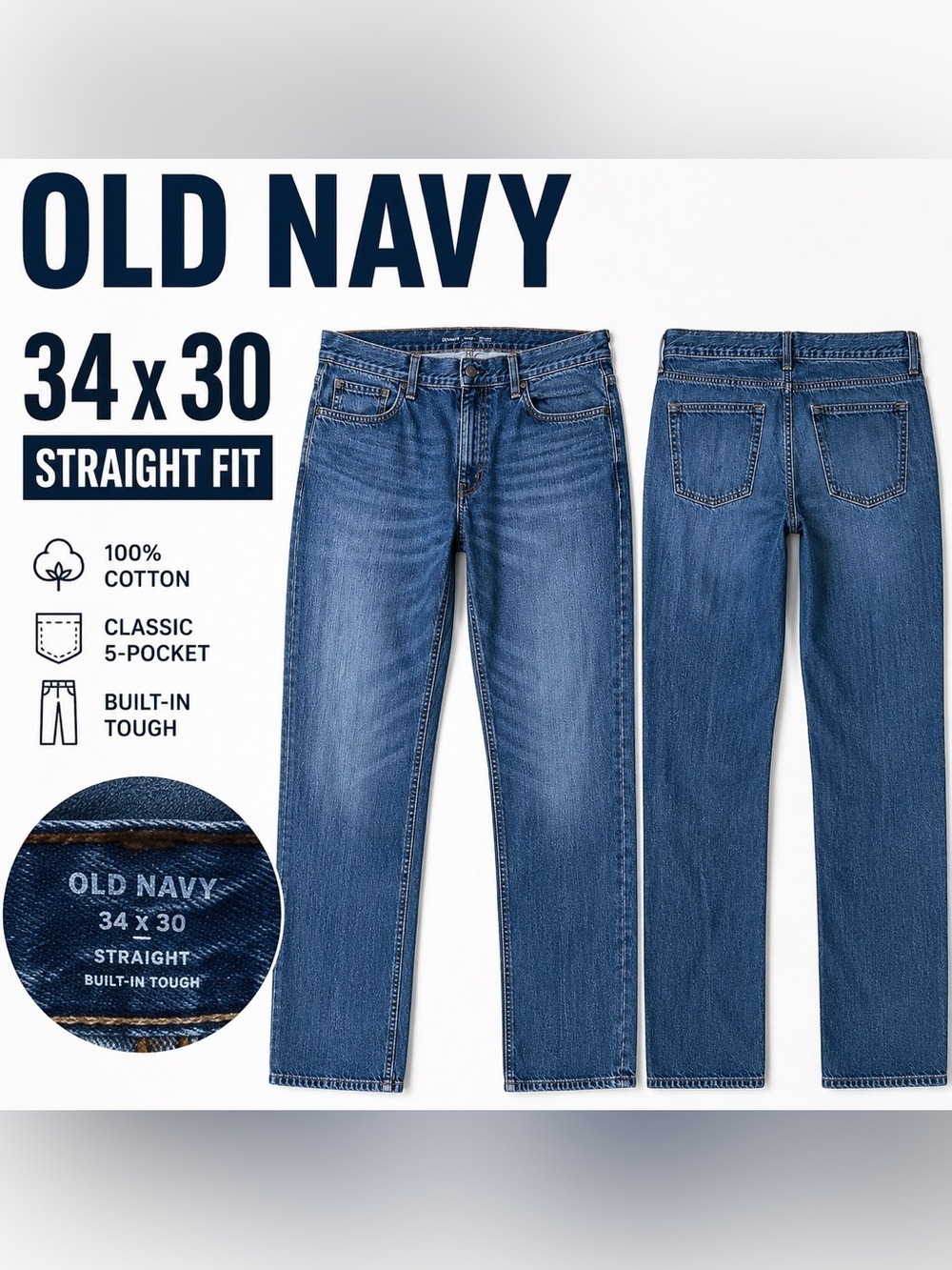 Old Navy Straight Fit Jeans Men’s 34x30 Blue Medium Wash Classic Denim